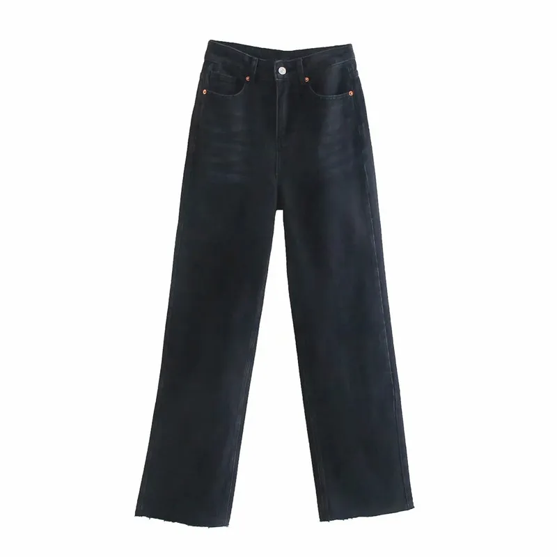 Jean Donna Jeans neri a vita alta a gamba larga Pantaloni vintage in denim effetto sbiadito moda femminile blu 210519
