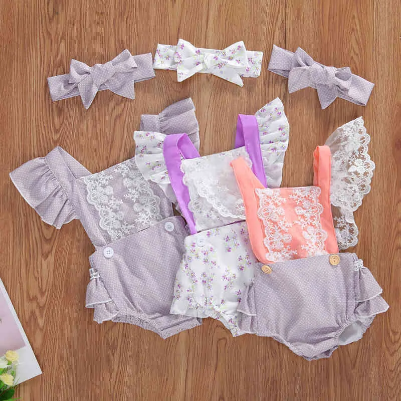 Emmababy Newborn Baby Girl Clothes Breathable Floral/Dot Printing Lace Decoration Fly Sleeve Romper Bow Headwear Baby Clothes G1221