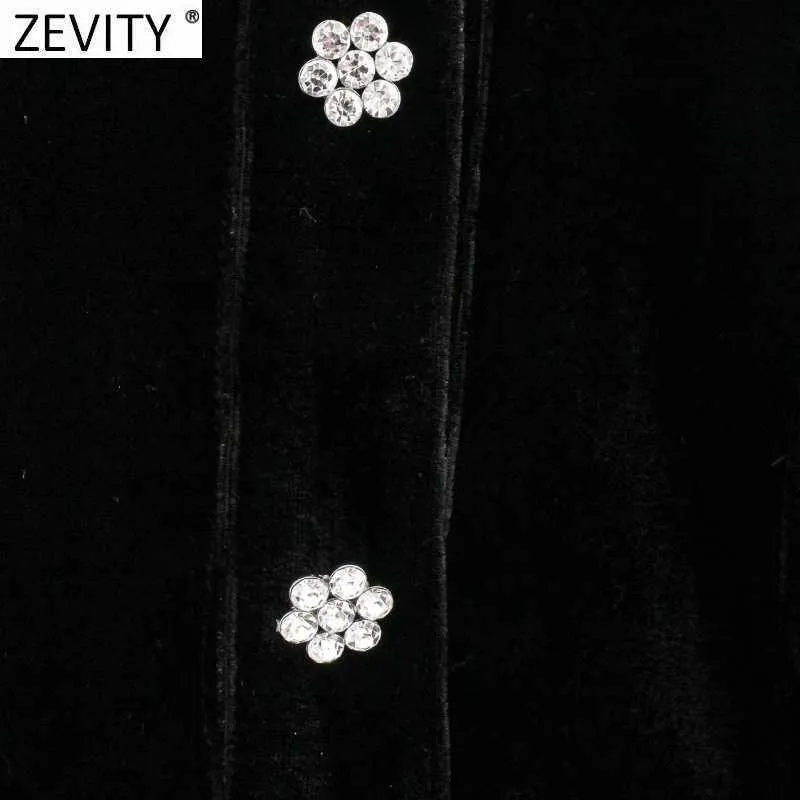 Zevity女性スタンドカラーダイヤモンドボタン装飾カジュアルスリムブラックベルベットドレス女性シックパーティーAラインvestido DS5051 210603