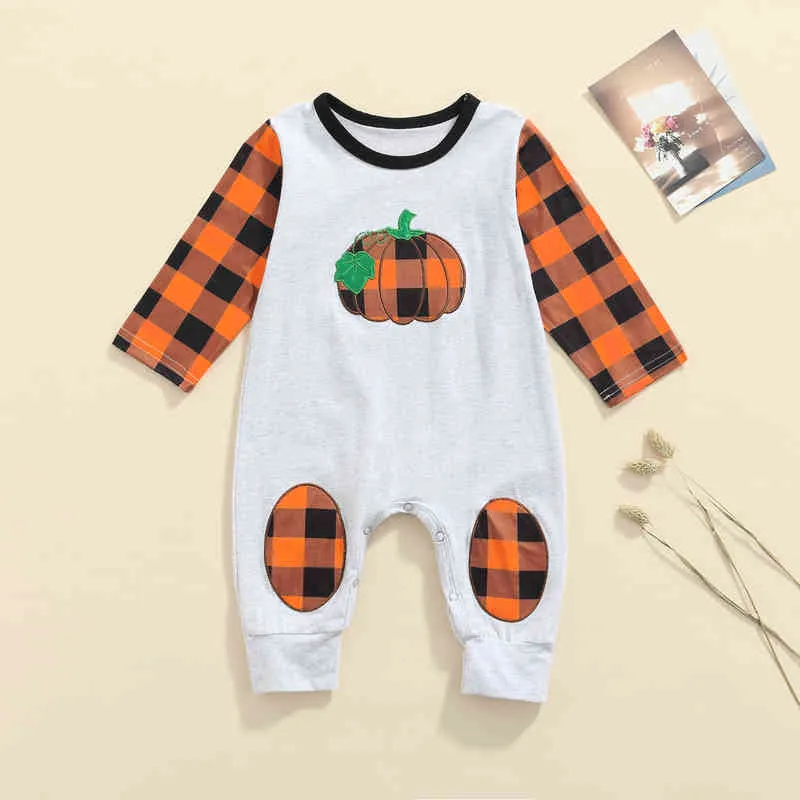 Lioraitiin 0-18 M Neonato Ragazzo Ragazza Zucca Pagliaccetto Patchwork Stampa Scozzese Manica Lunga O-Collo Tuta Primavera, Autunno G1221