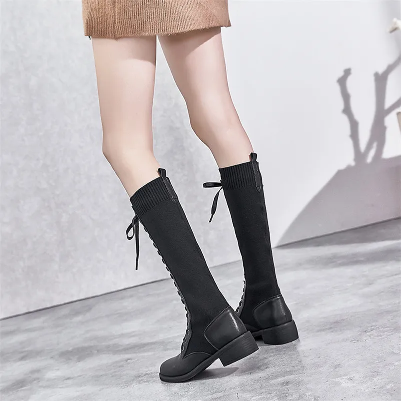Hiver genou bottes hautes femmes naturel en cuir véritable talon épais à lacets bout rond chaussures dame automne taille 35-39 210517