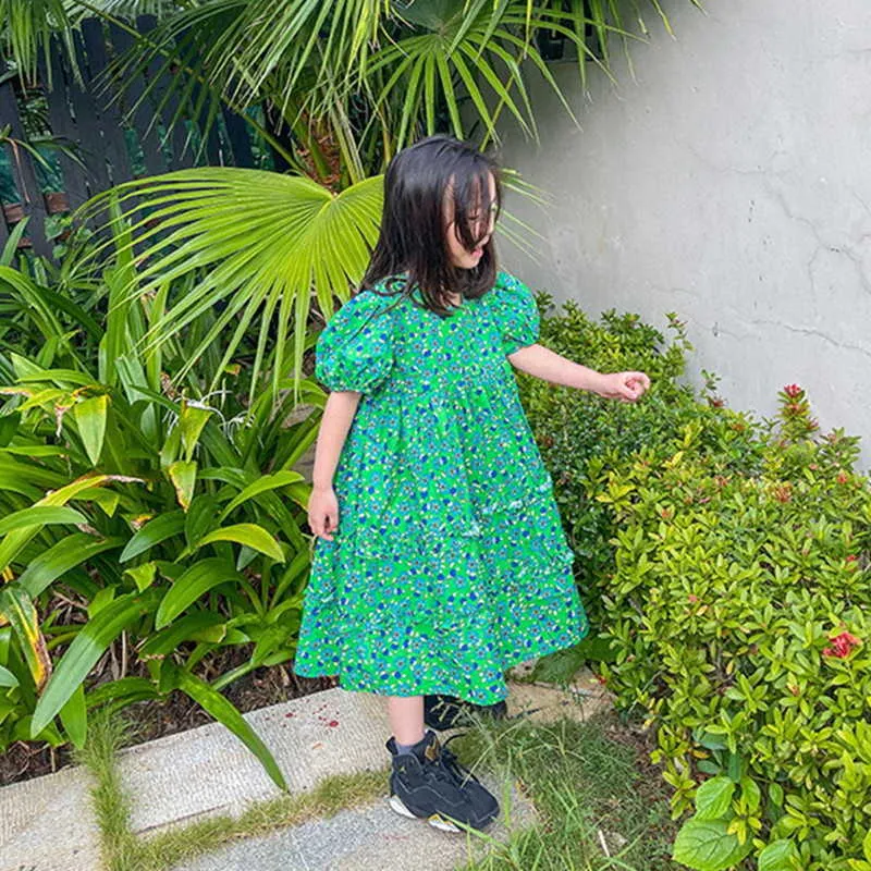 Korean Style Summer Kids Girls Dress Green Floral Long Short Puff Sleeves Princess Children Clothes 1-7 Years E13 210610