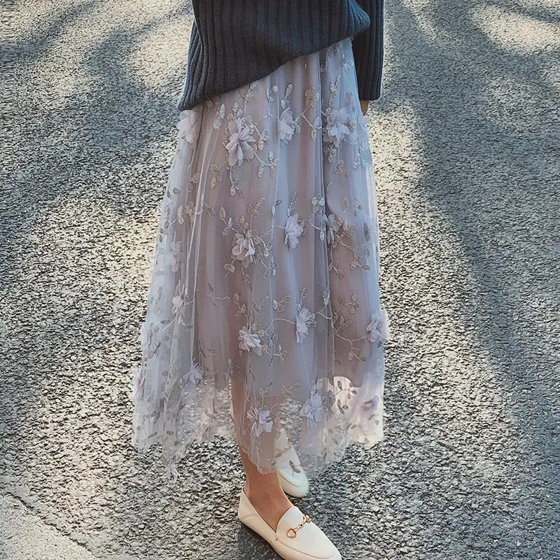 Primavera verão bordado mulheres longas saias elegantes cintura alta malha impresso guarda-chuva fêmea reta 210428