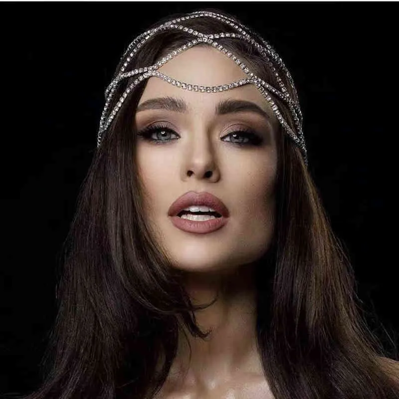 Hollow Mesh Headpiece Wedding Chain Jewelry for Women Luxury Crystal band Cap Hat Hair Accessories 220125