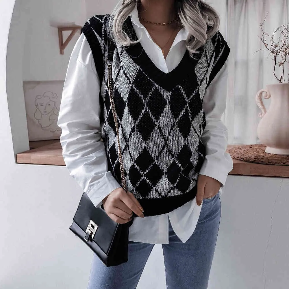 패션 다이아몬드 모양의 V 넥 캐주얼 느슨한 니트 조끼 스웨터 여성을위한 여성 민소매 조끼 니트 스웨터 210514