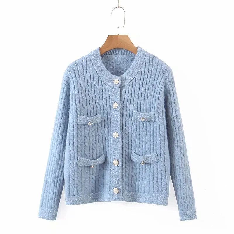 Elegant Women Pearl Button Sweater Fashion Ladies Pocket Knitted Cardigan Sweet Female Streetwear O-Neck Loose Blouse 210427