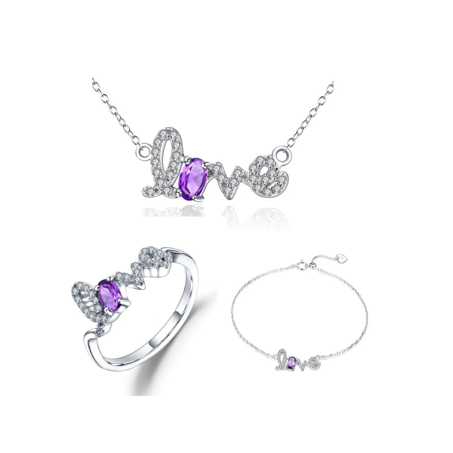 Ametista di lusso leggero dal design alla moda donna in argento sterling 925 intarsiato con anello con lettera AMORE del tesoro di colore naturale