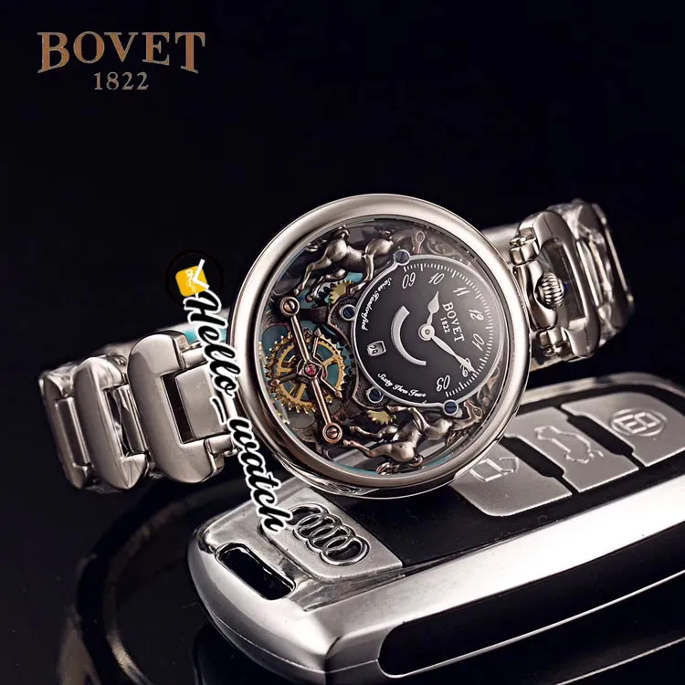 40 мм Bovet 1822 Tourbillon Amadeo Fleurie Часы Кварцевые мужские часы Черный скелетонизированный циферблат Стальной браслет из розового золота HWBT Hello Watch2781