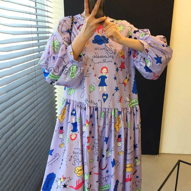 Korejpaa Women Dress Summer Korean Chic Childlike Age-Reducing Cartoon Graffiti Print Loose Puff Sleeve Big Swing Vestidos 210526