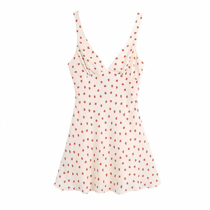 Frauen Sommer Süße Mini Tank Kleid ZA Ärmellose V-ausschnitt Erdbeere Druck Weibliche Elegante Straße Casual Futter Kleider 210513