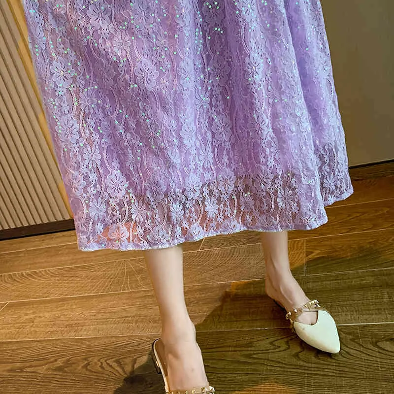Süßes lila Feen-Vintage-Kleid, französischer Frühling, elegante Spitze, hohe Taille, lässig, schlankes Midi-Kleid, weiblich 210518