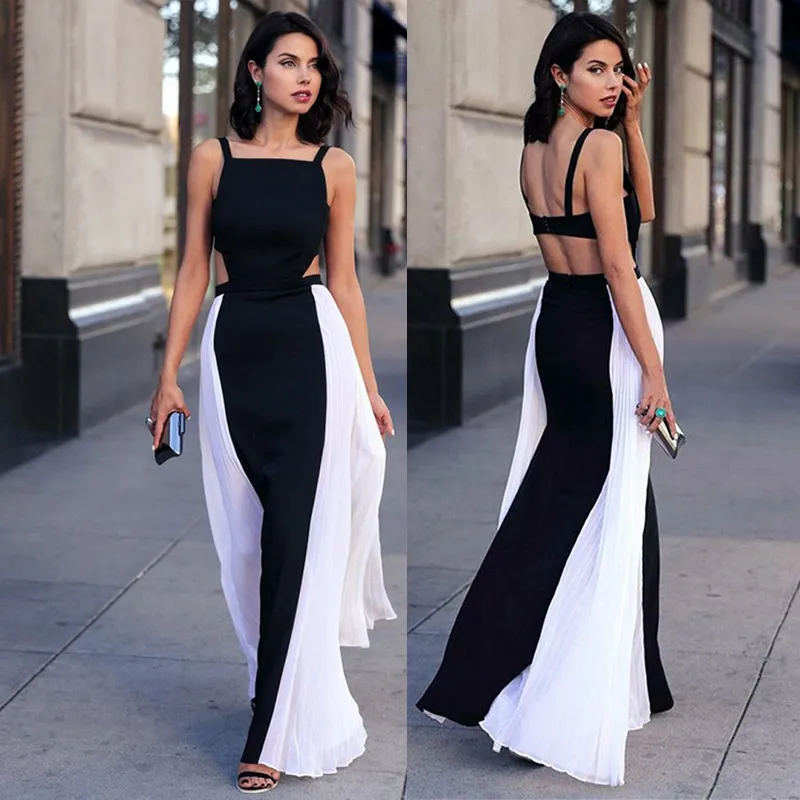Patchwork zwart witte jurk Sexy mouwloze backless spaghetti riem grote swing lange maxi jurken voor vrouwen zomer 2021 plus size x0521