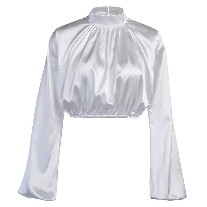 Sommar ny satin blus solid färg står krage lyktor ärm kort topp elegant vit skjorta mode dam topp 210419