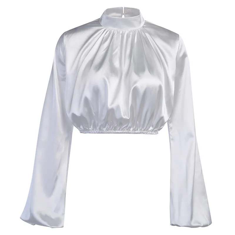Zomer nieuwe satijnen blouse effen kleur stand kraag lantaarn mouw korte top elegante witte shirt mode dame top 210419