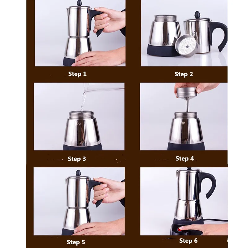 Ensemble de 6 tasses à café, cafetière électrique Geyser Moka, Machine à café, expresso, percolateur, cuisinière en acier inoxydable 292W