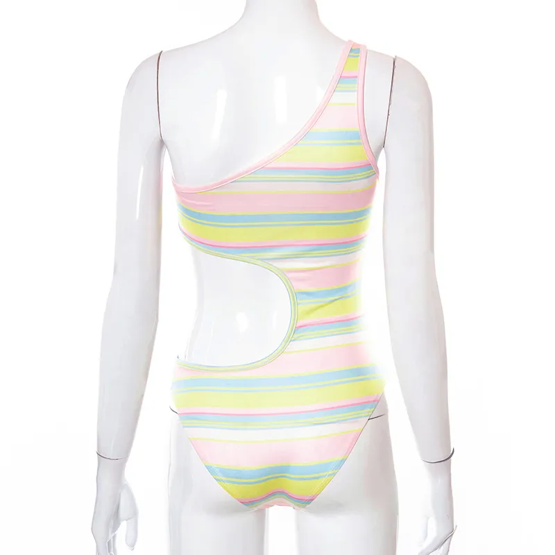 Body da donna con stampa arcobaleno monospalla push up pagliaccetti senza schienale ritagliati tutina asimmetrica vestiti aderenti estivi 210517