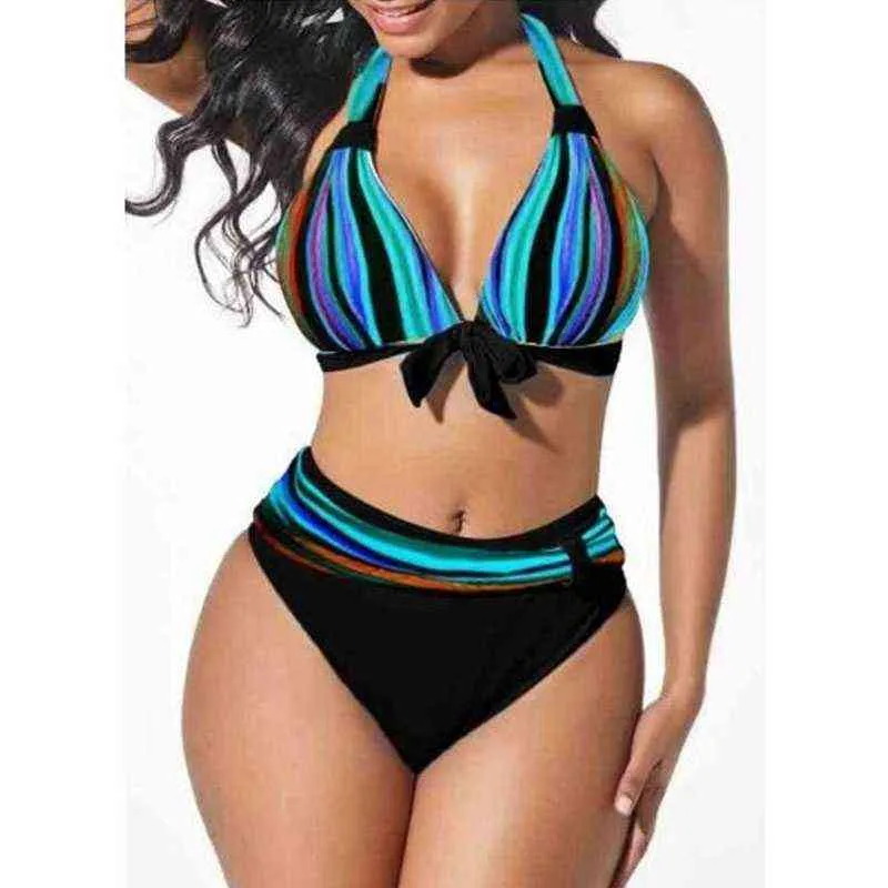 S5XL Plus Size Neon Striped Bikini Set Push Up Women High Waist Halter Beach Swimwear Retro Bowknot Bathing Suit Swimming Suit94948449297