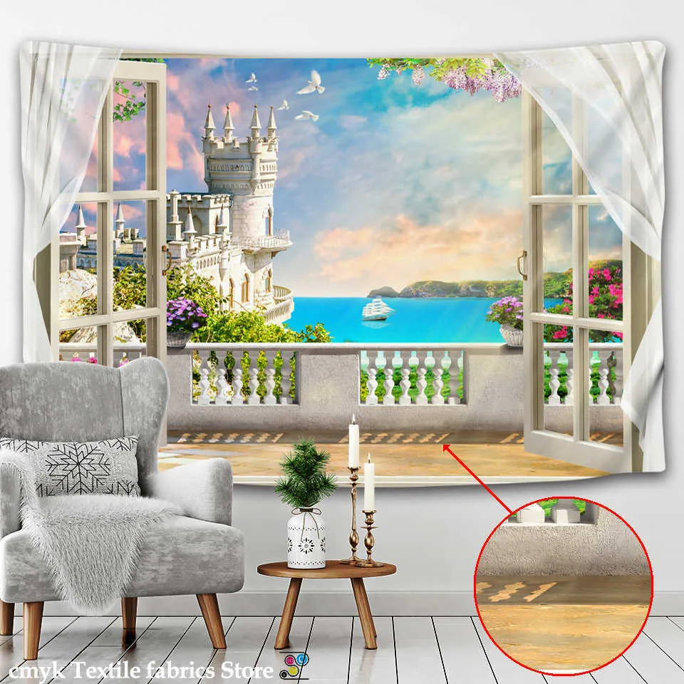 3D île paysage tapisserie arc fenêtre paysage peinture tapisserie murale style nordique décoration de la maison peinture tenture murale 210609