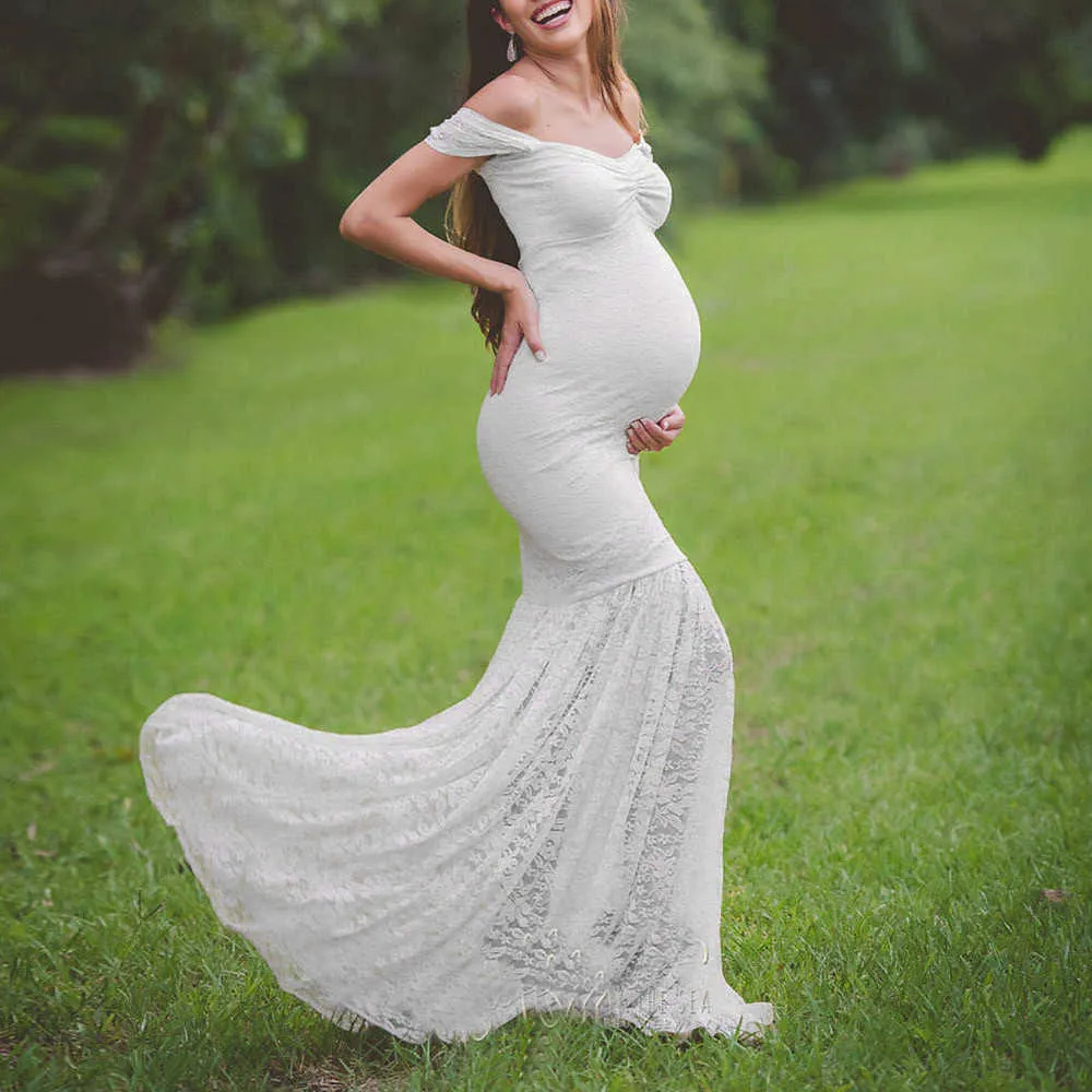 Sexy Maternity Dresses Lace Long Dress Off Shoulders Ruffles Pregnancy Dress Photography Prop Maxi Gown For Women Clothes X0902