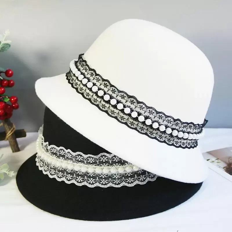 Stingy Brim Hats Elegant Color Wool Top For Women Fashion Street Lolita Hat Pearl Decoration Basin Bucket Cloche Fedora Cape