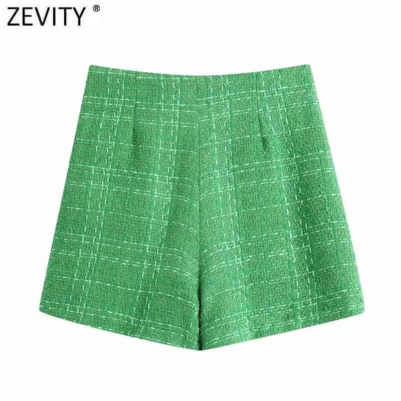 Femmes Mode Couleur Vert Tweed Laine Bermuda Shorts Jupes Lady Side Zipper Chic Casual Slim Pantalone Cortos P1024 210420