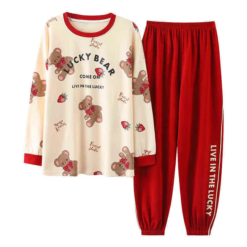 Grote maat M-5XL vrouwen pyjama sets zachte nachtkleding herfst winter lange mouw pyjama cartoon print nachtkleding vrouwelijke pijamas muje 211211