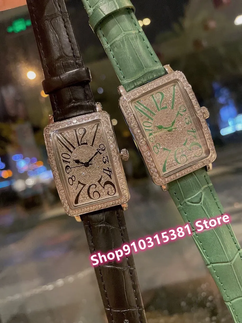 جديد كلاسيكي هندسي مستطيل ساعات النساء الفولاذ المقاوم للصدأ كامل الماس ساعة اليد السيدات الأخضر جلدية كوارتز ساعة 38 مللي متر