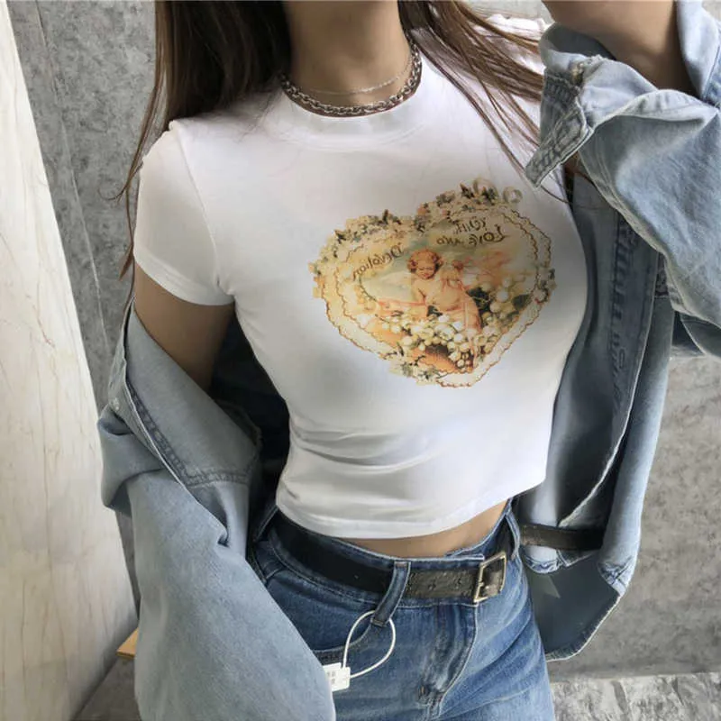 Anjo imprimido feminino feminino coreano alta cintura de manga curta t-shirt Ins apertado expostos estudante do nabaceiro top top plus size E889 210603