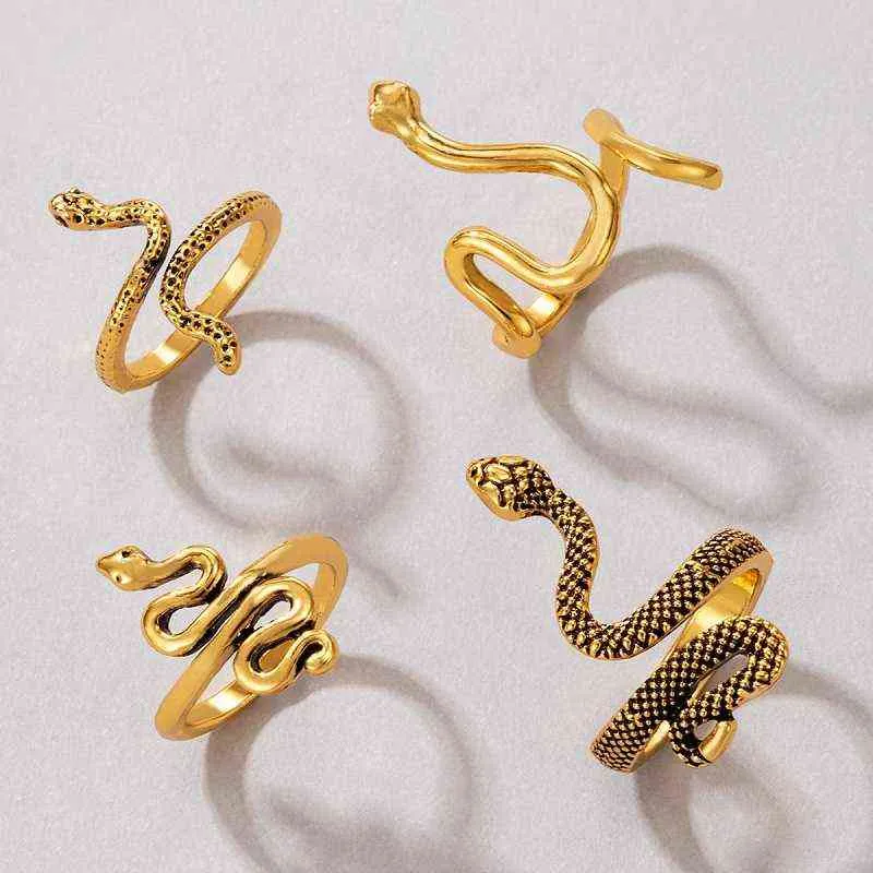 4 pçs / set personalidade vintage anéis de dedo animal conjunto exagerado metal cobra anel jóias para mulheres meninas festa acessórios novo g1125
