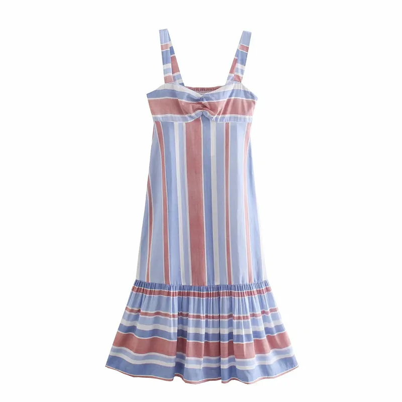 Striped Long Dress Woman Red Blue Slip Midi Summer Women Backless Ruffle Ärmlös Beach Casual ES 210519