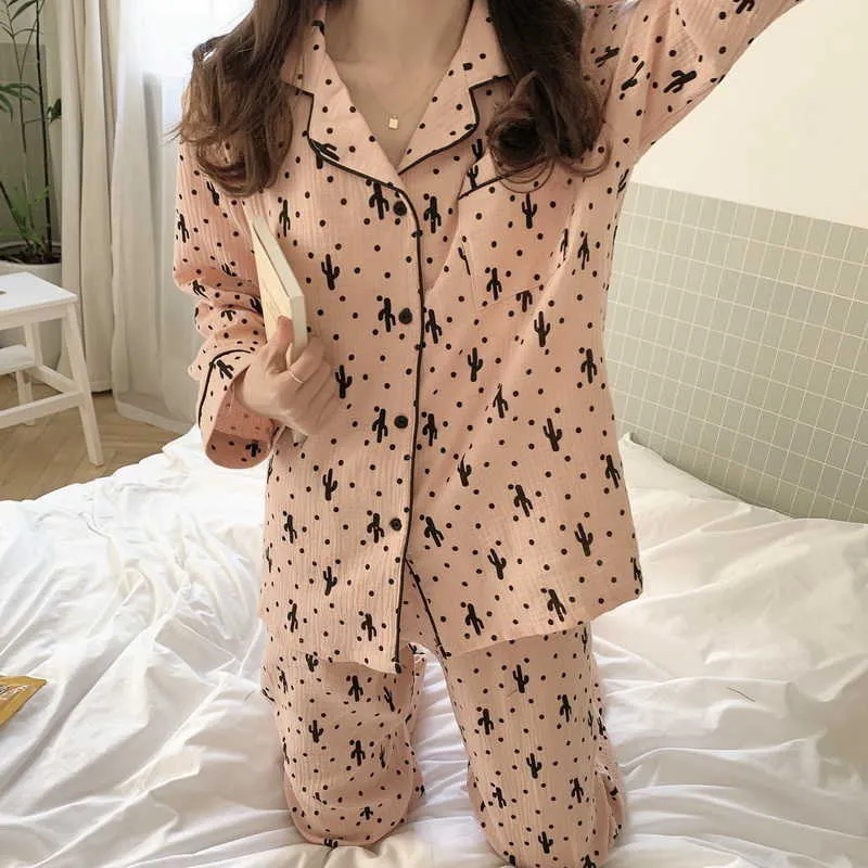 Kvinnor mjuk vintage mode våren mild avslappnad högkvalitativ koreanska priting lösa nattkläder pyjamas set 210525