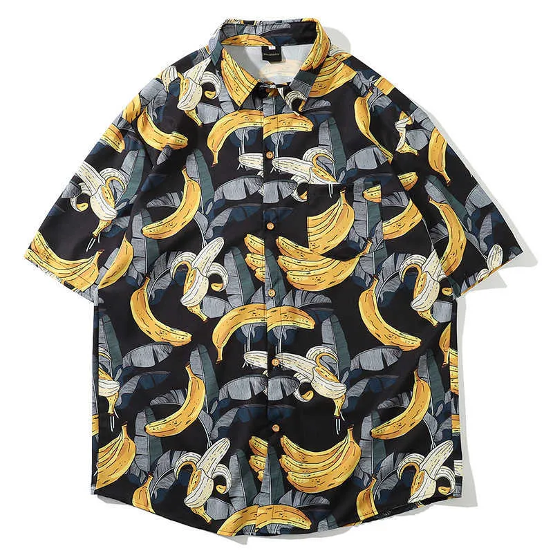 Camicia hawaiana da uomo Stampa foglia di banana Marchio sciolto Abbigliamento da spiaggia Camicie a maniche corte leggere Uomo Top 210527