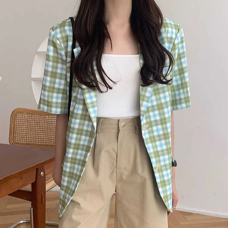 Korejpaa Women Blazers Summer Korean Chic Gentle Green Lapel Two Buttons Loose Versatile Short-Sleeved Plaid Suit Jackets 210526