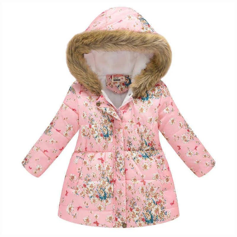 Fashion Kids Girls Jackets Autumn Winter Warm Down Park For Coat Baby Hooded Print Jacket Outerwear Children Clothing 211222