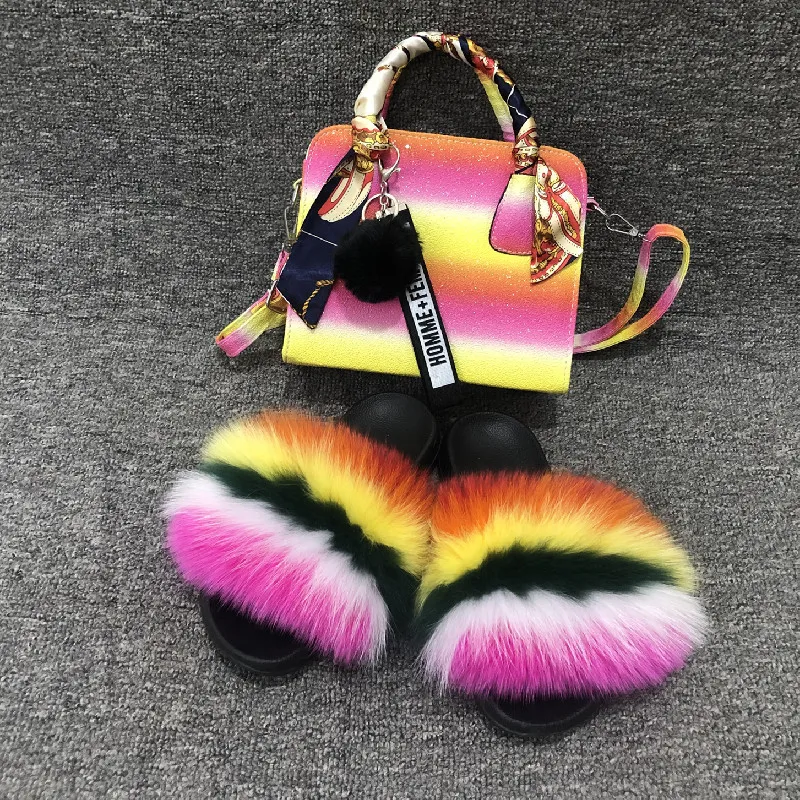 Mode Kvinnors Fur Fluffy Tofflor Ryggsäck Crossbody Bag Suit Party Sandals