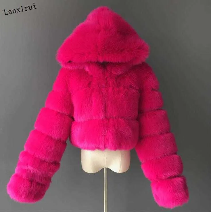 高品質の毛皮のようなクロップドフェイクファーコートとジャケットの女性のふわふわしたトップコートとフード付き冬の毛皮ジャケットManteau Femme1994999