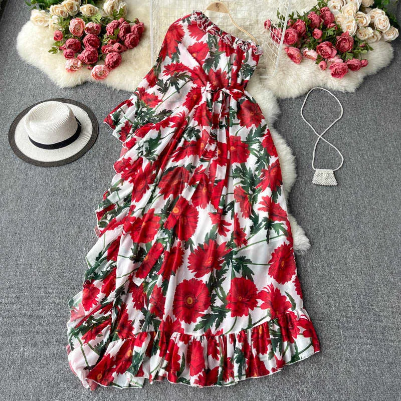 Sommar kvinnor röd / grön / blå blommig chiffong lång klänning sexig en lutad axel ruffle maxi robe kvinnlig semester strand 2021 ny y0603