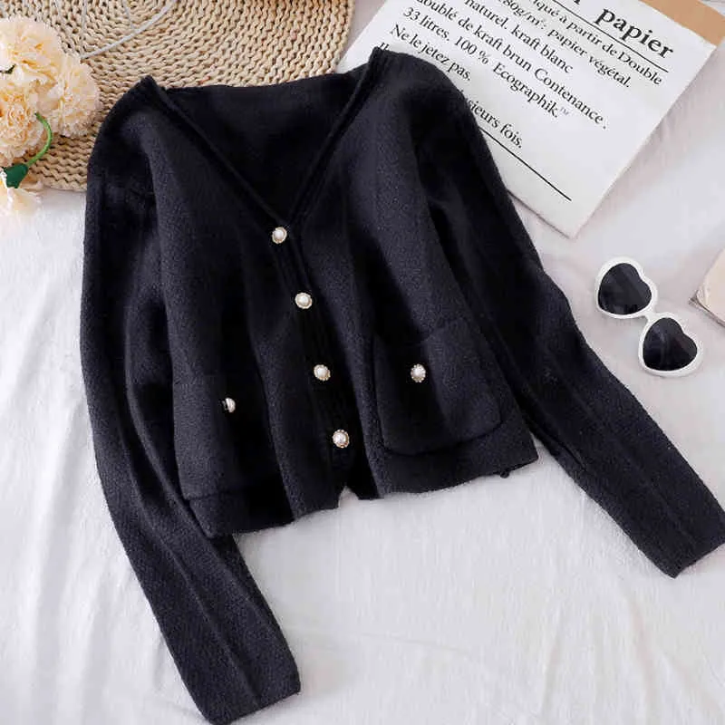 Women's Spring Autumn Sweater Korean Pure Color Striped Pearl Button Knitted Cardigan Loose Female Coats GX821 210507