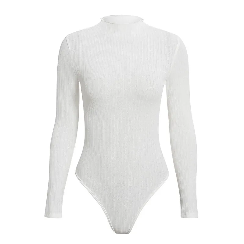 Body sexy tejido con cuello redondo para mujer, mono ajustado elástico liso, mono blanco elegante para mujer, mono de Otoño Invierno 210415