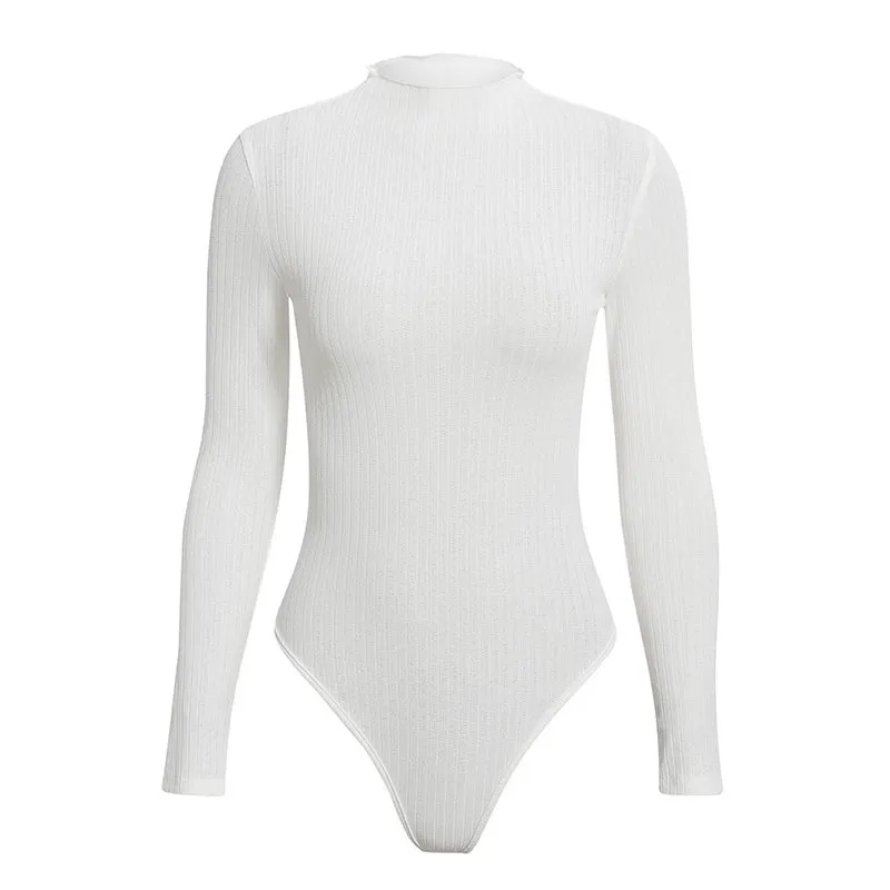 Frauen gestrickter sexy Body O-Ausschnitt Slim Fit fester elastischer Pullover Overall Weißer Damen schicker Herbst-Winter-Bodysuit 210415