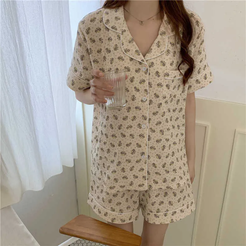 Koreansk bomull Snygg Sweetwear Minimalistisk Blommig Kort Soft Summer Femme Chic Bekväm Pyjamas Sets 210525