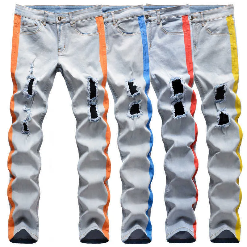 Hip Hop 4 Kolor patchwork dżinsy Mężczyźni 2021 Rozryte otwory Slim Fit Dżinsy Pants Mężczyźni Niebieski żółty designer prosta niebieskie dżinsy x0621282t