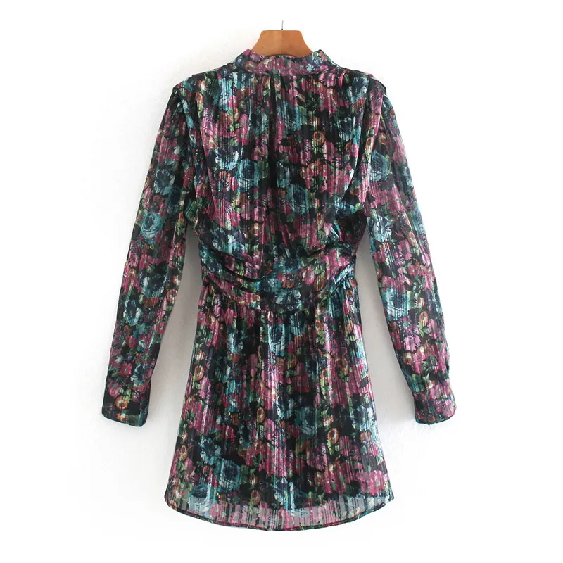 Automne Noir Floral Femme Robe Fil Métallique Plissée Mini Femmes À Manches Longues Smock Dames Col es 210430