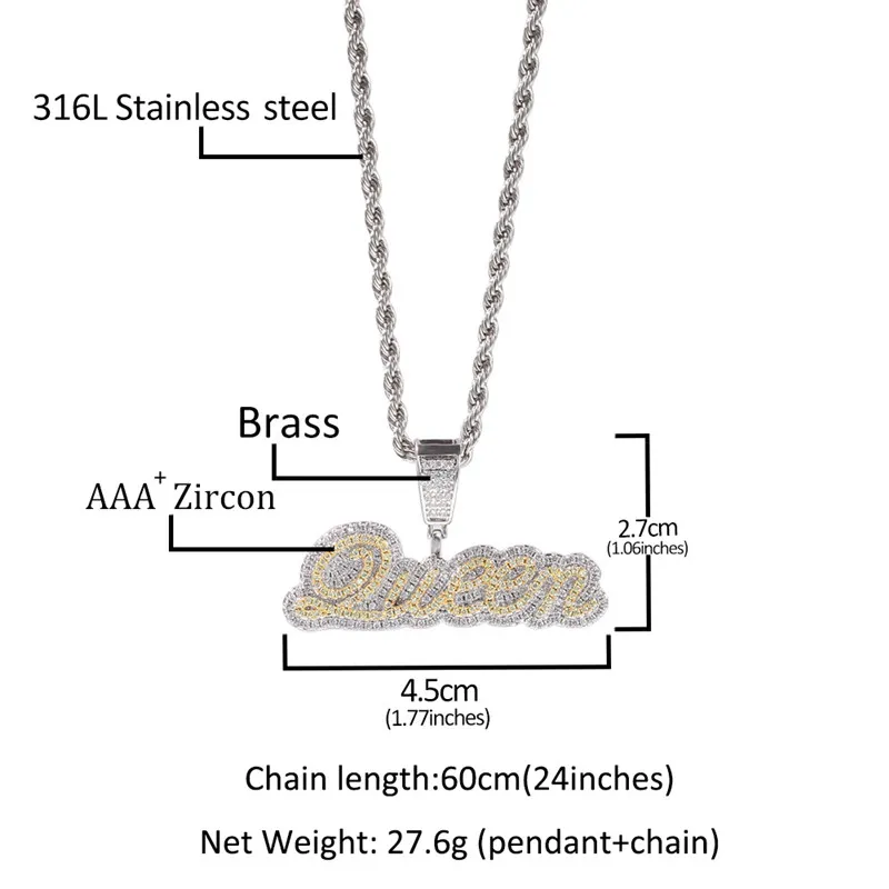 Nouveau conception de mode Collier de nom de nom de gueule Gold Bling CZ Letters Pendant Collier avec chaîne de corde de 3 mm 24 pouces pour hommes W247G