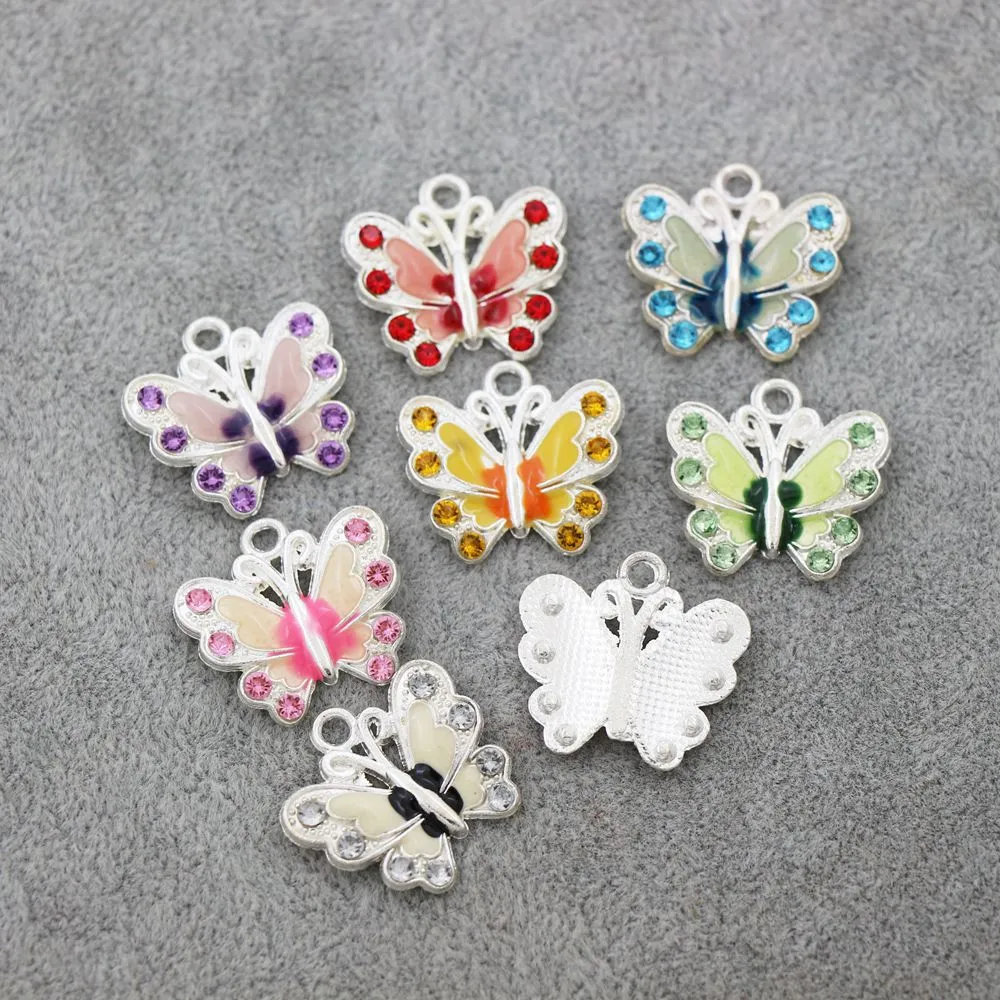 Посеребренные эмалированные бабочки со стразами, хрустальные бусины, 7 цветов, подвески, компоненты ювелирных изделий L1559 56 шт., лот268y