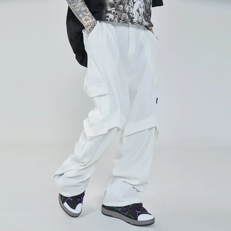 Casual Cargo Pants Harajuku Multi-Fickor Rak sida Zipper Mens High Street Oversize Baggy Trousers Hip Hop Solid Svart