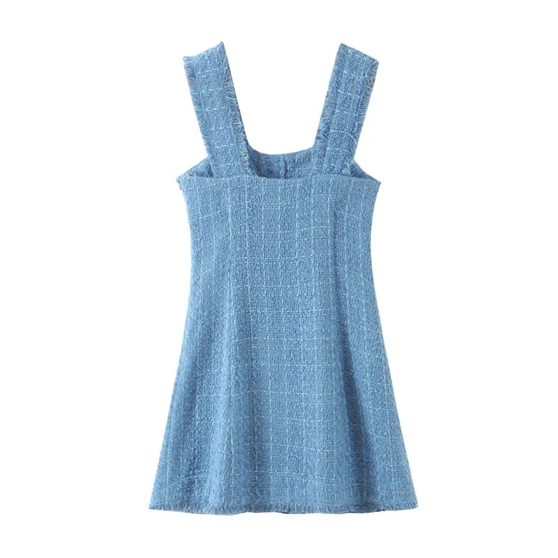 Vrouwen Chique Juweel Knopen Frayed Tweed Mini Jurk Mode Backless Side Rits Bandjes Vrouwelijke Jurken Mujer 210430