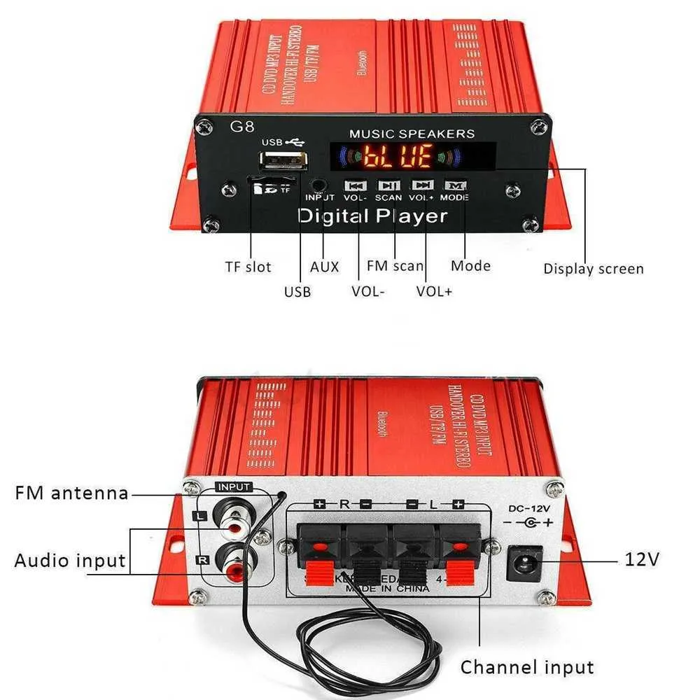 G8 200W 12V Car Audio Amplificador HIFI Amplificatore di potenza bluetooth Amplificatori stereo domestici Radio FM 2CH USB TF AUX 211011