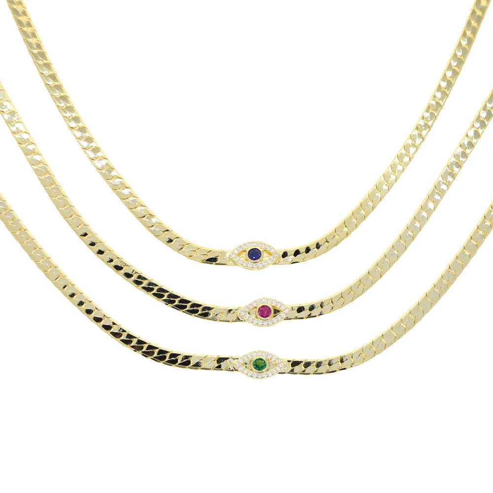 4MM Bredd Fiskbenskedja CZ Evil Eye Charm Choker Halsband Guld Färg 2021 Design Mode Dam Smycken