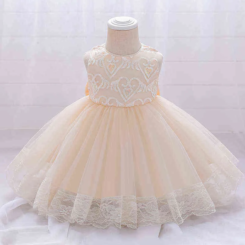 2021 Infant Child Pink Dress 1st Birthday Dress For Baby Girl Clothes Back Big Bow Princess Baptism Dresses Party Dress Flower G1129